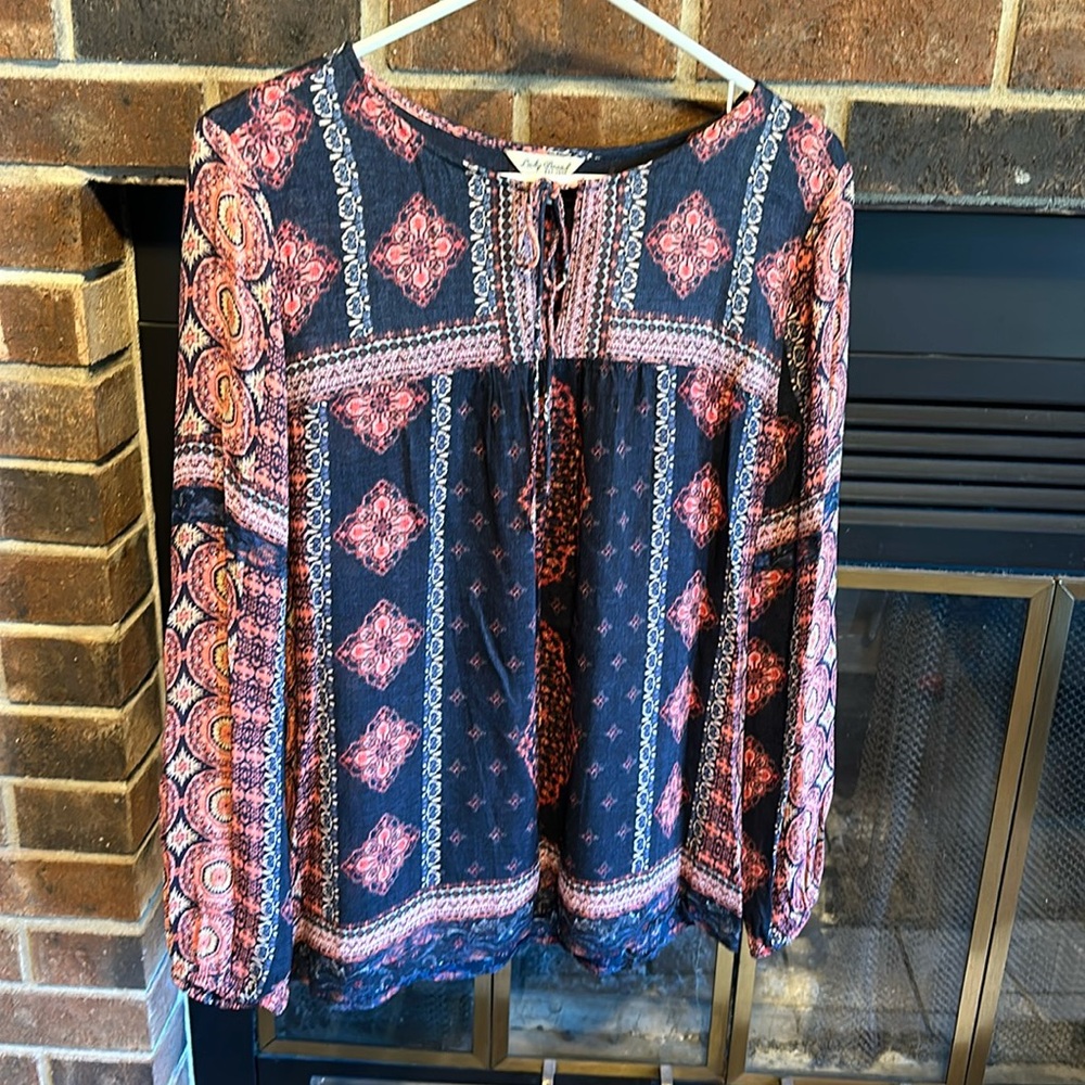 Lucky Brand Navy Blue and orange Boho Print Blouse